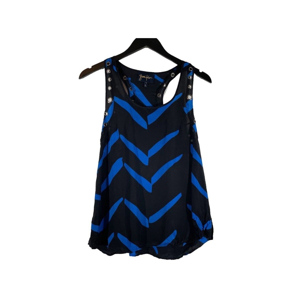 Yumi Kim Black Blue Rivets Silk Stripe Camisole Tank Top Eyelets Racerback L